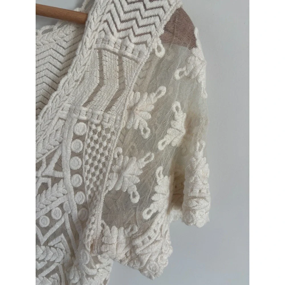 Meadow Rue Anthropologie Cream Lace Mesh Geometric Embroidered Boho Top Large - Picture 5 of 8